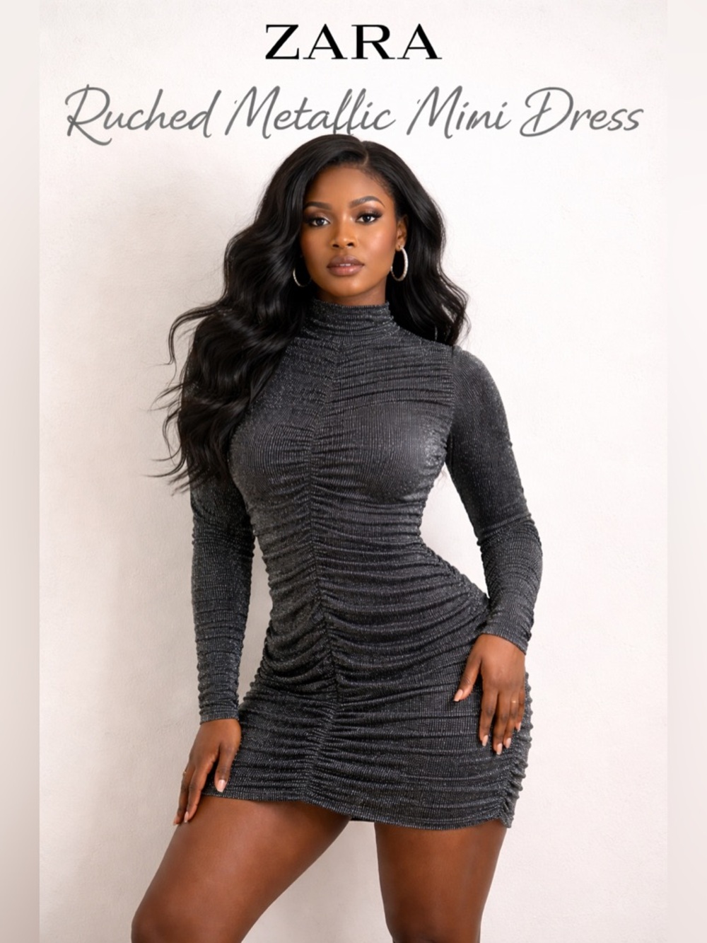 Zara ruched metallic mini dress in black with silver shimmer size Small